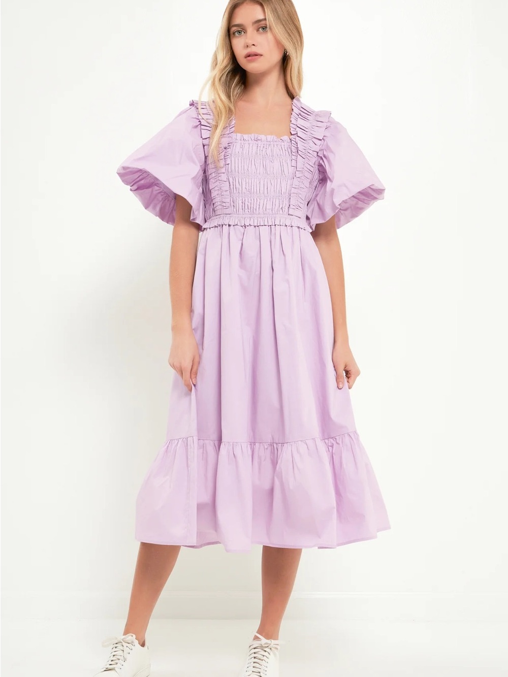 English Factory Lilac Lavender Smocked Square Neck Tiered Midi Dress Large